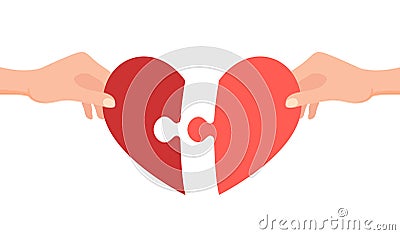 Hands connecting jigsaw puzzle in heart form. Love concept Vector Illustration